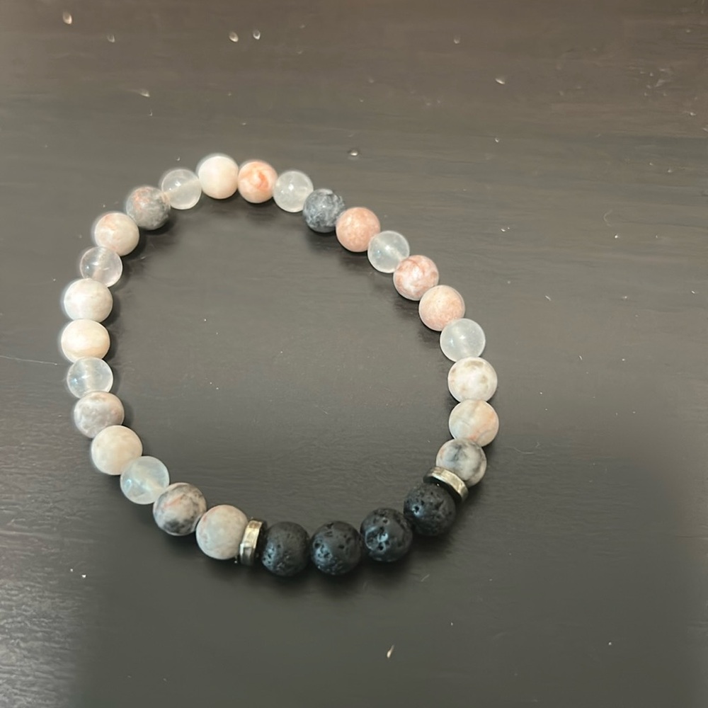 Pink tan and black  Beaded Bracelet.  Small with some stretch